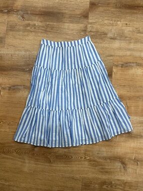 J. Crew Blue and White Striped Tiered Midi Skirt